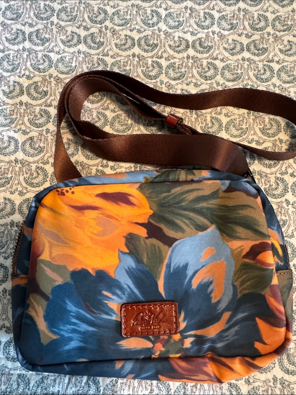 Patricia Nash Blue & Orange Floral Crossbody with Brown Strap